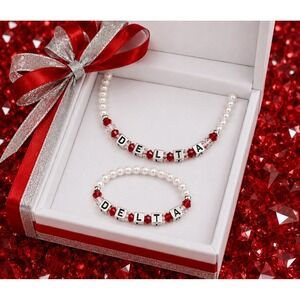 Delta Sigma Theta Sorority Pearl Necklace and Bracelet Set Red White Greek Gift
